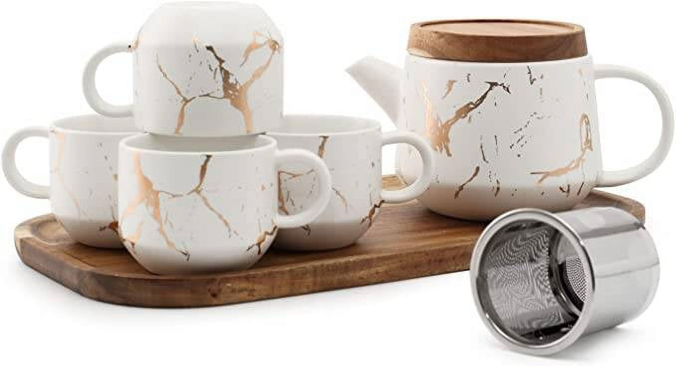 Taimei Teatime Tea Sets for Adults, 25 oz Ceramic Teapot Set with Infuser Tea Cups and Wooden