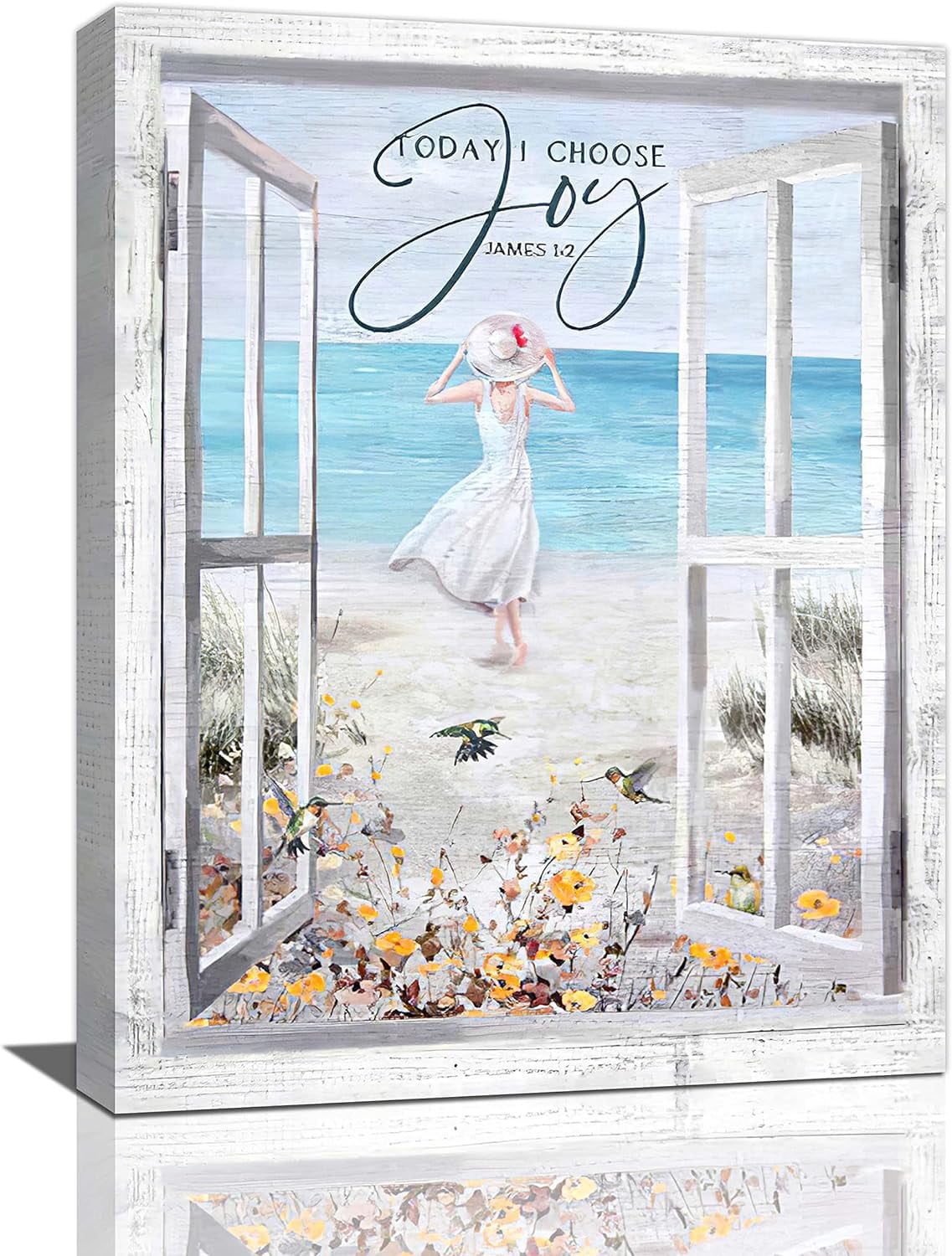 Taimeng Beach Bathroom Wall Art Hummingbirds Flower Pictures Coastal Ocean Bathroom Wall Decor Beach Girl Window Style Canvas Prints Painting Framed Artwork for Bathroom Living Room Bedroom16''x20''