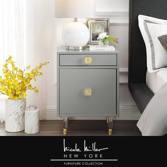 Taina Light Grey Side Table - 1 Drawer, 1 Door, High Gloss Finish, Acrylic Knob and Acrylic Leg with Gold Tip