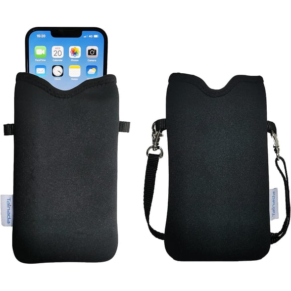 Tainada Men Women Neoprene Phone Sleeve Pouch Case Bag with Crossbody Strap/Neck Lanyard for iPhone 17/16/15 Pro Max, Air, 16/15 Plus, 16e; Samsung S25, A56, Google Pixel 10 (Black)