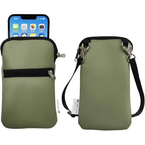Tainada Neoprene Universal Cell Phone Double Zipper Sleeve Pouch Case Carrier Bag for Men Women w/Crossbody Strap/Neck Lanyard | Shock-Absorbing Lightweight (Olive Green)
