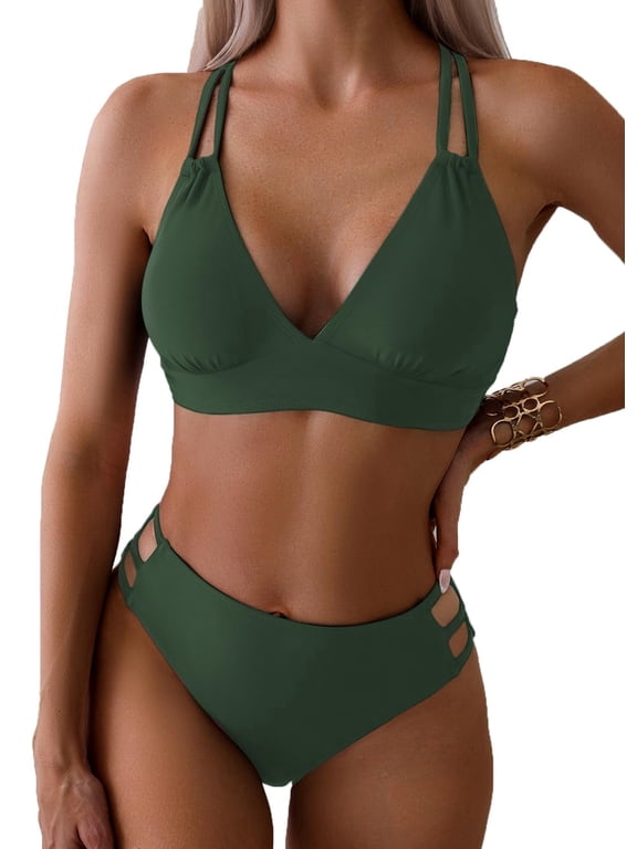 Women's Push Up V Neck Bikini Sets Criss Cross Back Two Piece Bathing Suit