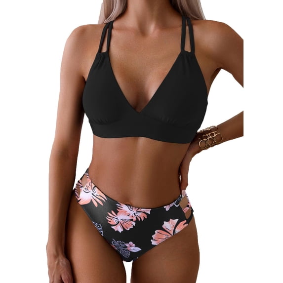 KuKeDi Women's Push Up V Neck Bikini Sets Criss Cross Back Two Piece Bathing Suit