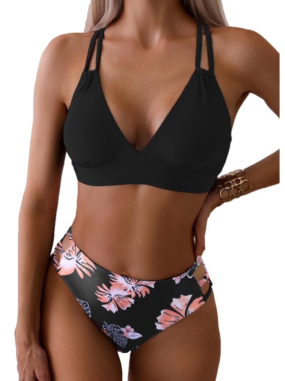 Women's Push Up V Neck Bikini Sets Criss Cross Back Two Piece Bathing Suit
