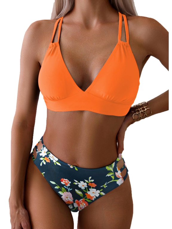 Women's Push Up V Neck Bikini Sets Criss Cross Back Two Piece Bathing Suit
