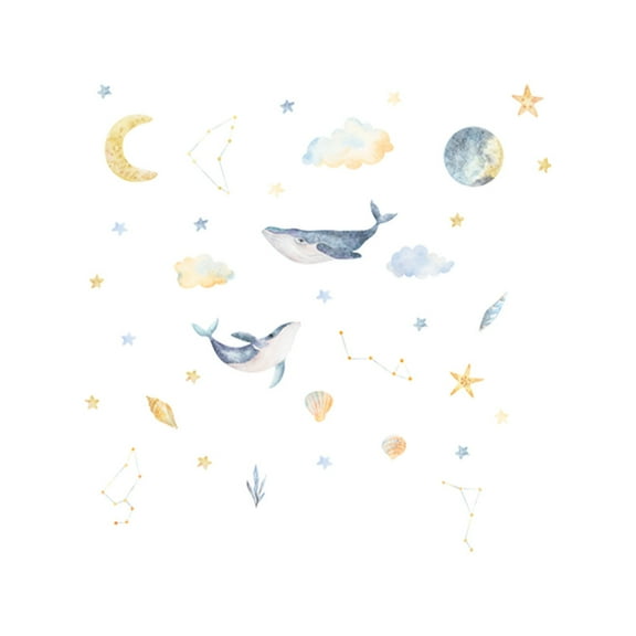 Tainini Cartoon Whale Stars Moon Adhesive Removable Wallpaper Vinyl Sticker for Nursery Living Room Kids Baby Children Boys Girls Bedroom Home Decor