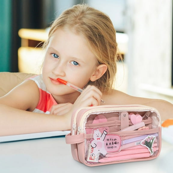 Tainini Clear Pencil Case with Handle and Zipper, Clear Pencil Pouch Marker Pouch, Travel Makeup Bag, Cute Transparent Stationary Organizer Pen Bag