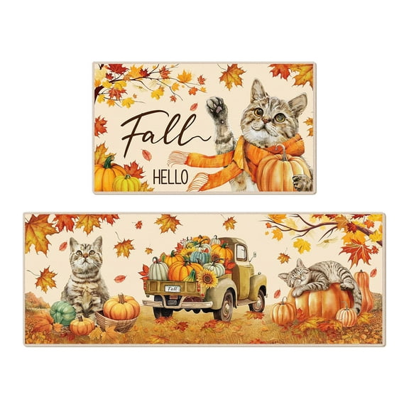Tainini Fall Kitchen Rugs and Mat Set of 2, Thanksgiving Pumpkin Kitchen Mats for Floor,Autumn Sink Mats Home Decor,24x16 in+48x16in