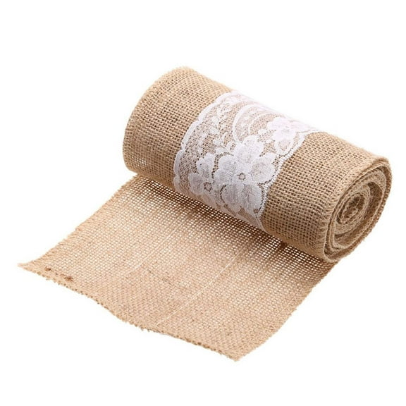 Tainini Natural Jute Burlap Ribbon with White Lace for DIY Home Decoration, Wedding Party and Gift Packaging,5.9x98.5in