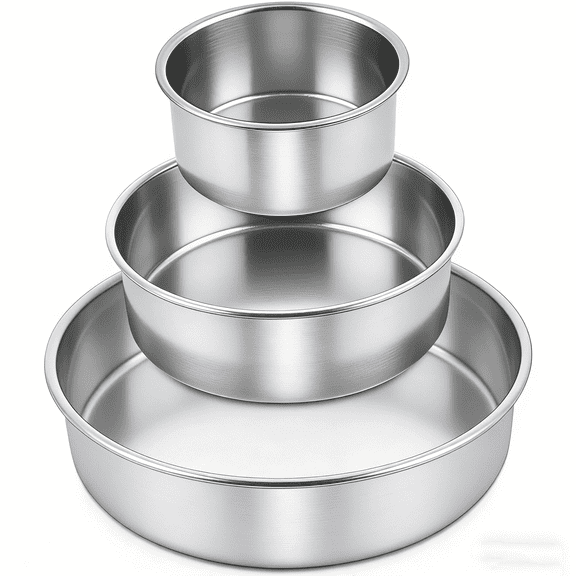 Tainless Steel Cake Pan Set of 3, Non-Toxic & Healthy Round Layer Cake Baking Pans, Mirror Finish & Dishwasher Safe, 4 Inch 6 Inch 8 Inch Baking Tins for Baking Cakes Brownies
