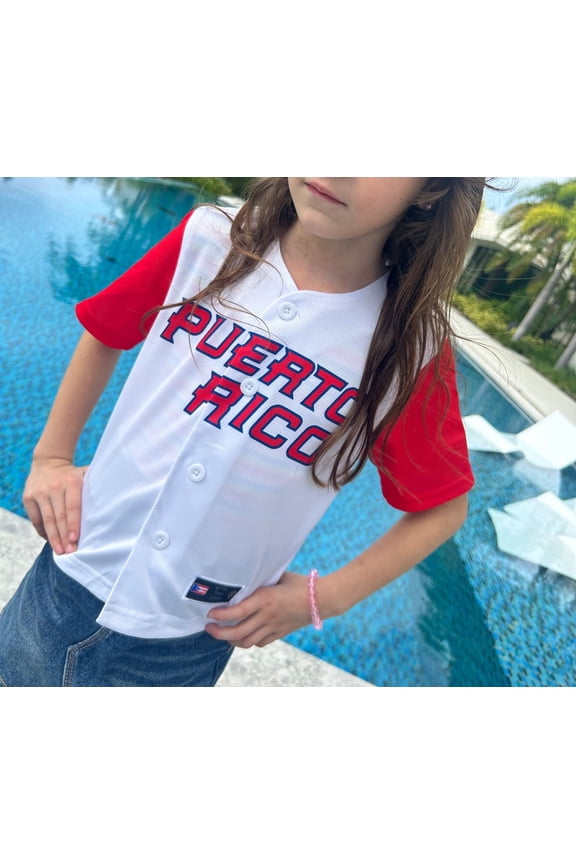 Puerto Rico Clemente 21 Kids Baseball Jersey – Soft V-Neck Button Front, Sizes 12