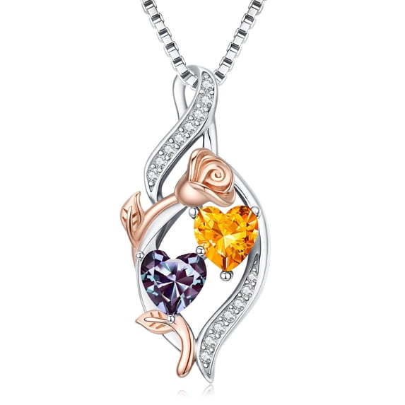 Taioiat Double Birthstone Necklaces for Women 18K Gold Plated Birthstone Rose Flower Jewelry Anniversary Valentines Day Mother's Day Birthday Gifts for Her Wife Girlfriend Mom
