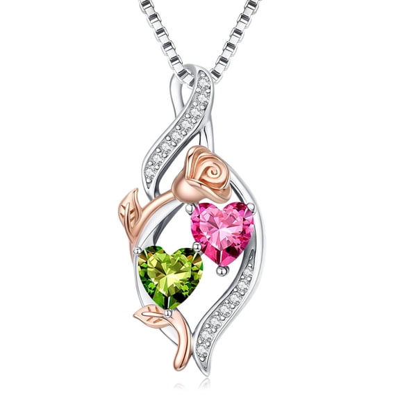 Taioiat Double Birthstone Necklaces for Women 18K Gold Plated Birthstone Rose Flower Jewelry Anniversary Valentines Day Mother's Day Birthday Gifts for Her Wife Girlfriend Mom