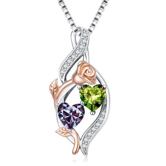 Taioiat Double Birthstone Necklaces for Women 18K Gold Plated Birthstone Rose Flower Jewelry Anniversary Valentines Day Mother's Day Birthday Gifts for Her Wife Girlfriend Mom