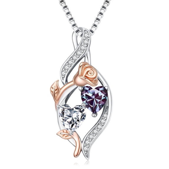 Taioiat Double Birthstone Necklaces for Women 18K Gold Plated Birthstone Rose Flower Jewelry Anniversary Valentines Day Mother's Day Birthday Gifts for Her Wife Girlfriend Mom