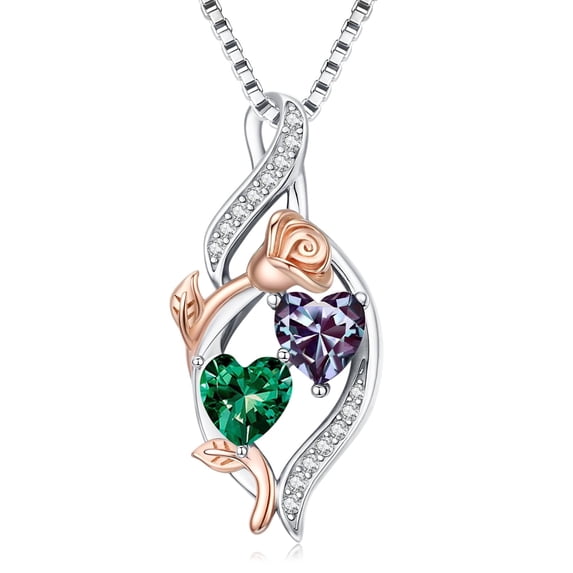 Taioiat Double Birthstone Necklaces for Women 18K Gold Plated Birthstone Rose Flower Jewelry Anniversary Valentines Day Mother's Day Birthday Gifts for Her Wife Girlfriend Mom