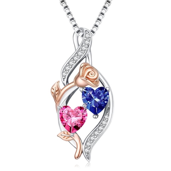 Taioiat Double Birthstone Necklaces for Women 18K Gold Plated Birthstone Rose Flower Jewelry Anniversary Valentines Day Mother's Day Birthday Gifts for Her Wife Girlfriend Mom
