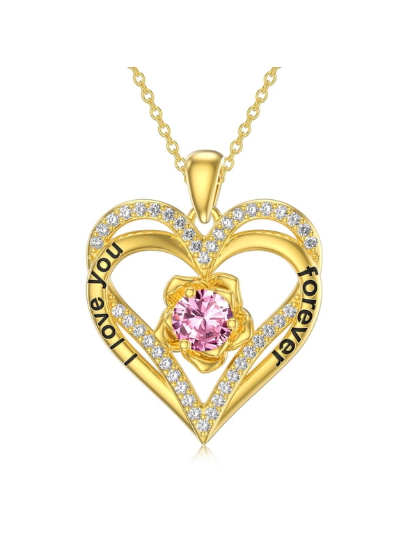 Double Love Heart Birthstone Necklace for Women 14K Gold Plated Rose Flower Pendant with 12 Birthstones Birthday Wedding Anniversary Jewelry Gifts for Her