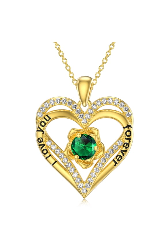 Double Love Heart Birthstone Necklace for Women 14K Gold Plated Rose Flower Pendant with 12 Birthstones Birthday Wedding Anniversary Jewelry Gifts for Her