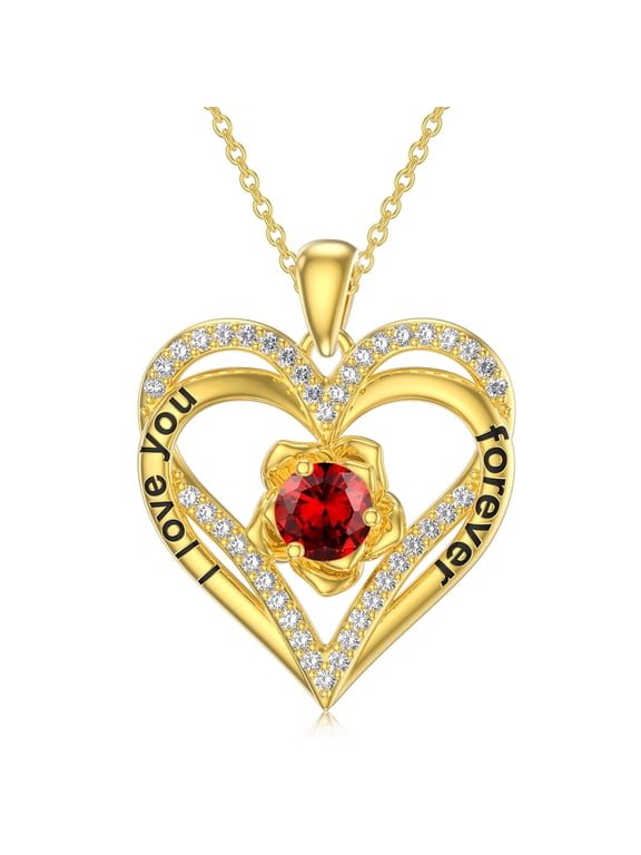 Double Love Heart Birthstone Necklace for Women 14K Gold Plated Rose Flower Pendant with 12 Birthstones Birthday Wedding Anniversary Jewelry Gifts for Her