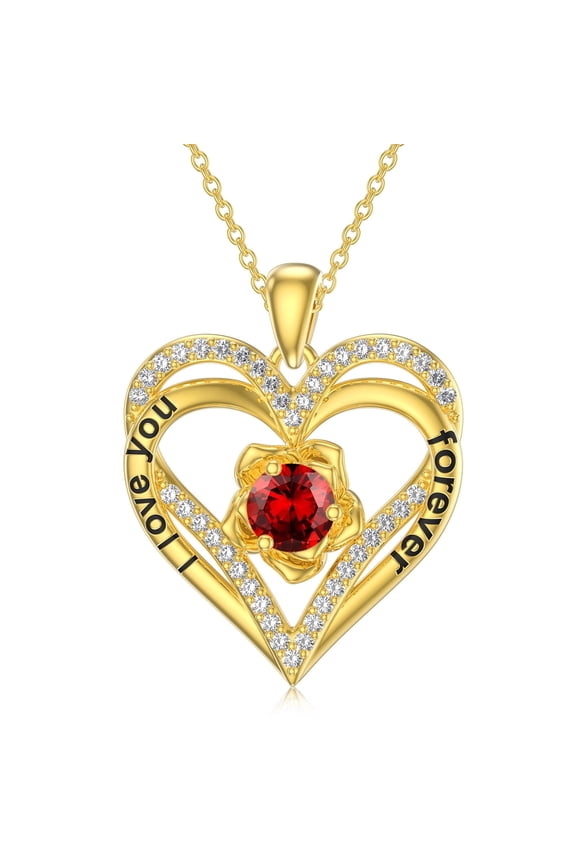Double Love Heart Birthstone Necklace for Women 14K Gold Plated Rose Flower Pendant with 12 Birthstones Birthday Wedding Anniversary Jewelry Gifts for Her