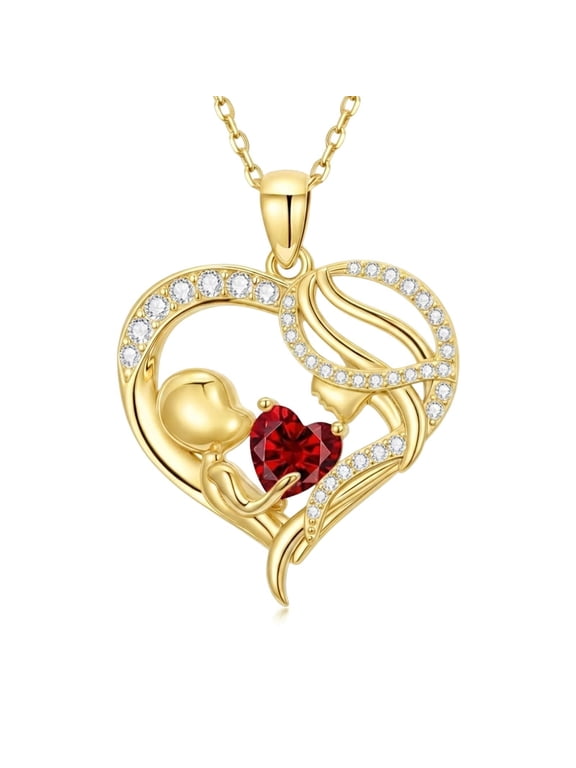 Mom Necklace Heart July Birthstone 14K Gold Plated Mama Pendant Necklace Mother's Day Jewelry Gifts for Mom Grandmother Wife