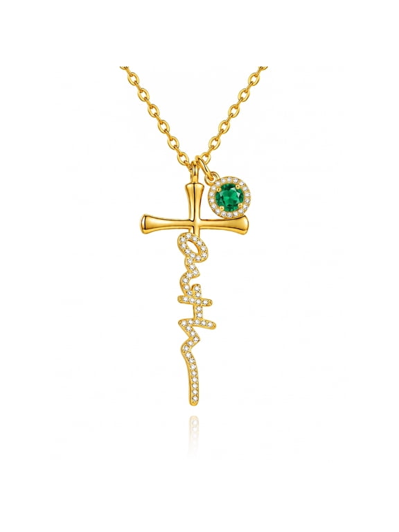 Faith Cross Necklace for Women 14K Gold Plated with May Birthstone Religious Christian Jewelry Gifts for Mom Her