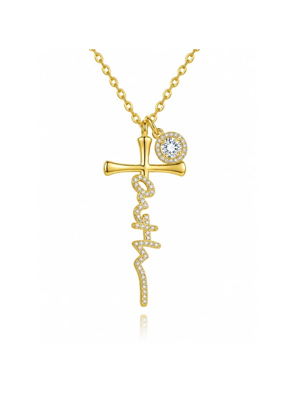 Faith Cross Necklace for Women 14K Gold Plated with April Birthstone Religious Christian Jewelry Gifts for Mom Her