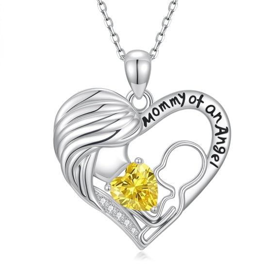 Taioiat New Mom Gift Birthstone Necklace Sliver Mommy and Angel with Birthstone for Her, Jewelry Anniversary Birthday Gifts for Women Wife Mom Her