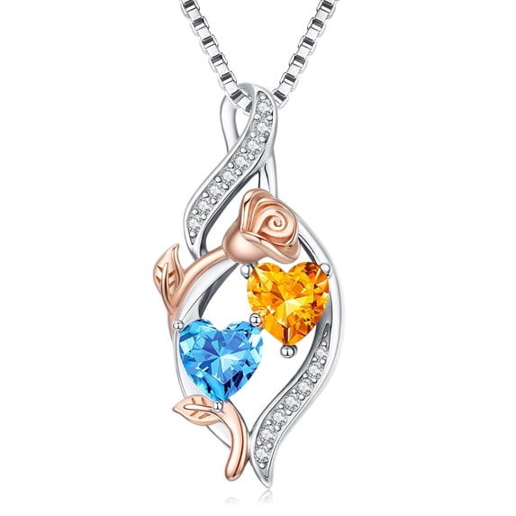 Taioiat Double Birthstone Necklaces for Women 18K Gold Plated Birthstone Rose Flower Jewelry Anniversary Valentines Day Mother's Day Birthday Gifts for Her Wife Girlfriend Mom