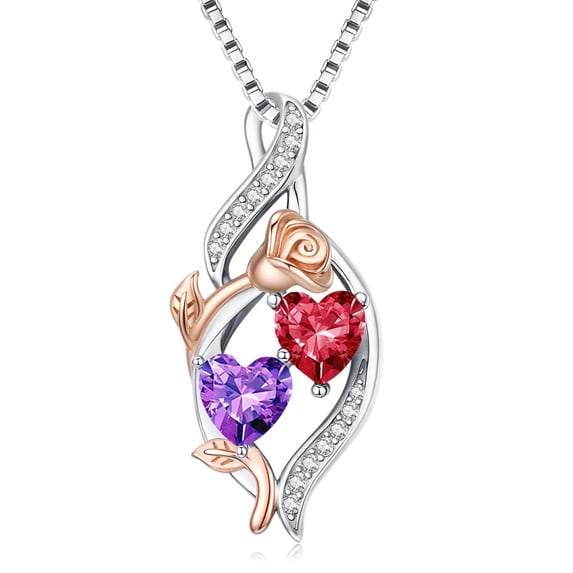 Taioiat Double Birthstone Necklaces for Women 18K Gold Plated Birthstone Rose Flower Jewelry Anniversary Valentines Day Mother's Day Birthday Gifts for Her Wife Girlfriend Mom