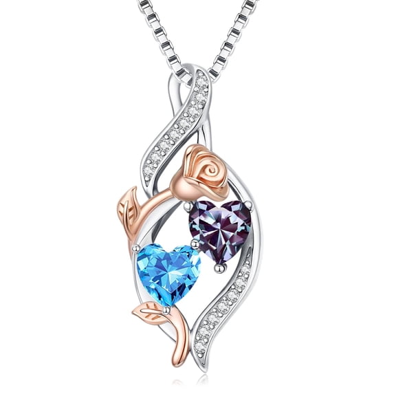 Taioiat Double Birthstone Necklaces for Women 18K Gold Plated Birthstone Rose Flower Jewelry Anniversary Valentines Day Mother's Day Birthday Gifts for Her Wife Girlfriend Mom