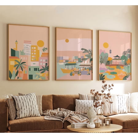 Taipei Taiwan Poster Vintage Travel Illustration Retro Skyline Cityscape Wall Art Prints Set 3