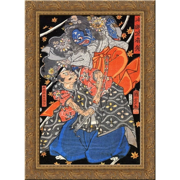 Taira Koresshige attacked by a demon 24x18 Gold Ornate Wood Framed Canvas Art by Utagawa Kuniyoshi