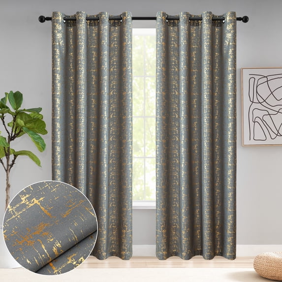 Taisier Home Gold Foil Print Linen Textured Curtains Geometric Dots Pattern Design Curtains for Bedroom Living Room Thermal Insulated Window Treatment 2 Panels 84" L,Dark Grey and Gold Curtains Print