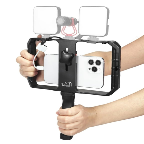 Taisioner Smartphone Video Rig Hand Girp Stabilizer Filmmaking Vlogging Case Phone Video Stabilizer with Cold Shoe for Film Maker Video Grapher Compatible with iPhone 15/14/13/12/ Pro Max and Android