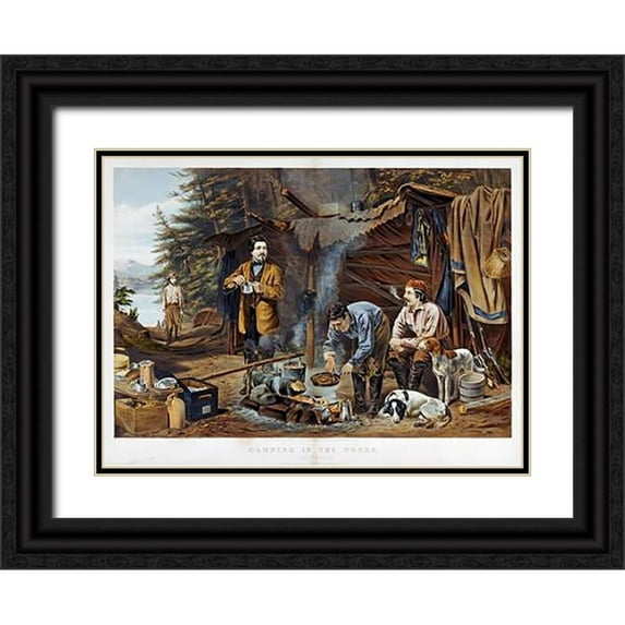 Tait, Arthur Fitzwilliam 32x25 Black Ornate Wood Framed with Double Matting Museum Art Print Titled - Camping In The Woods - a Good Time Coming