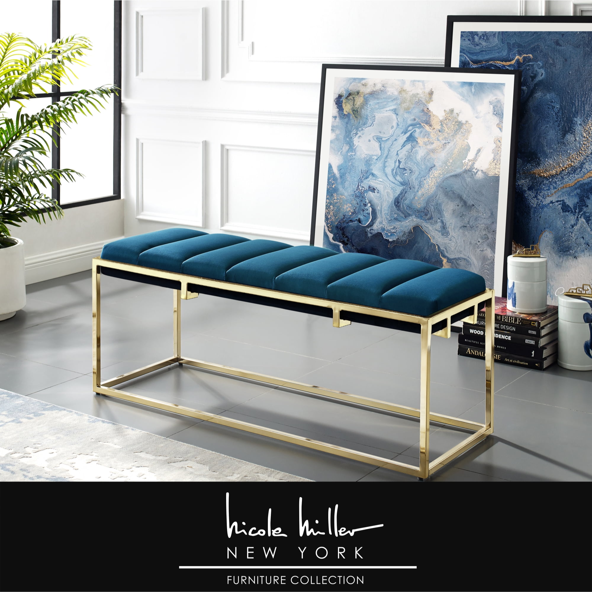 Taite Navy/Gold Velvet Bench - Upholstered, Channel Tufted, Stainless Steel Polished Frame