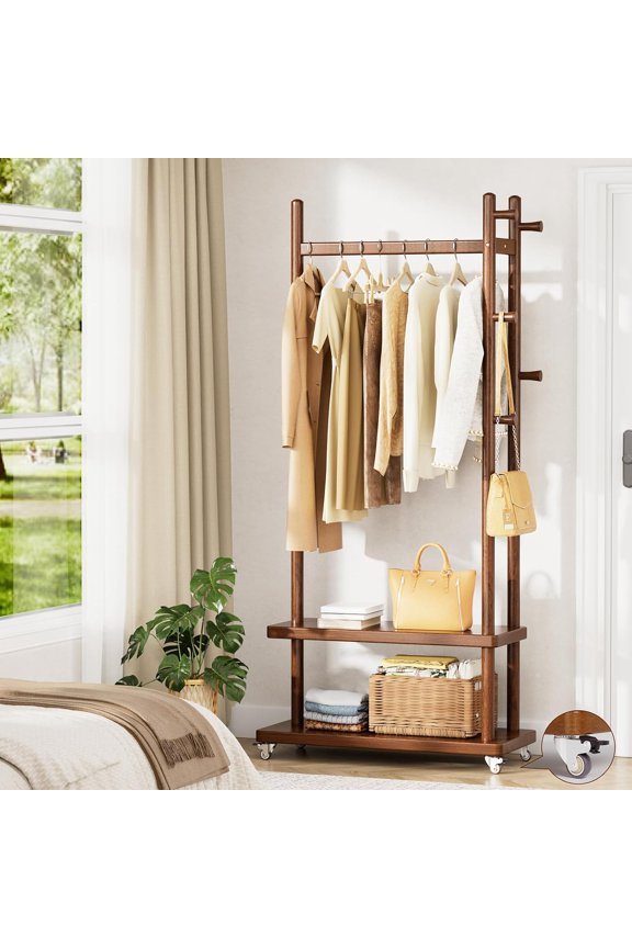 Taitiy Coat Rack Freestanding Clothing with Wheels, Tree Heavy Duty 2 Storage Shelves and 5 Hooks, Wood Garment for Corner Bedroom Hallway Entryway Living Room Hotel