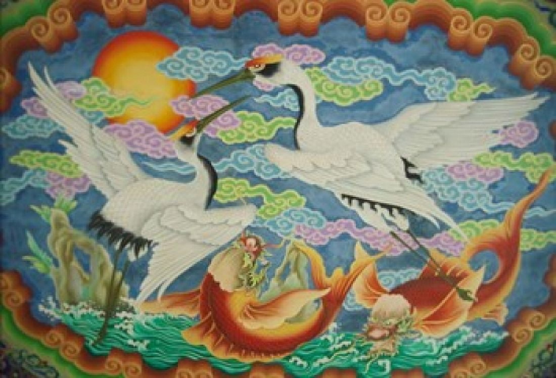 Taiwan Peimen Nankunshen Temple Ceiling mural of cranes and catfish Canvas Art - Jaynes Gallery DanitaDelimont (30 x 20)