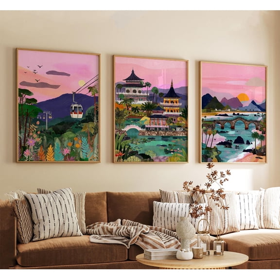 Taiwan Poster Vintage Travel Illustration Retro Asia Landscape Wall Art Prints Set 3, Poster Only