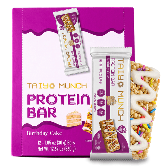 Taiyo Munch Allergen-Free Crispy Gluten-Free Protein Bars, Birthday Cake, 12 Pack