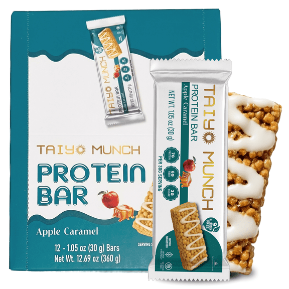 Taiyo Munch Crispy Allergen-Free Protein Bars, Apple Caramel, 12 Pack - Gluten-Free, Vegan, Kosher