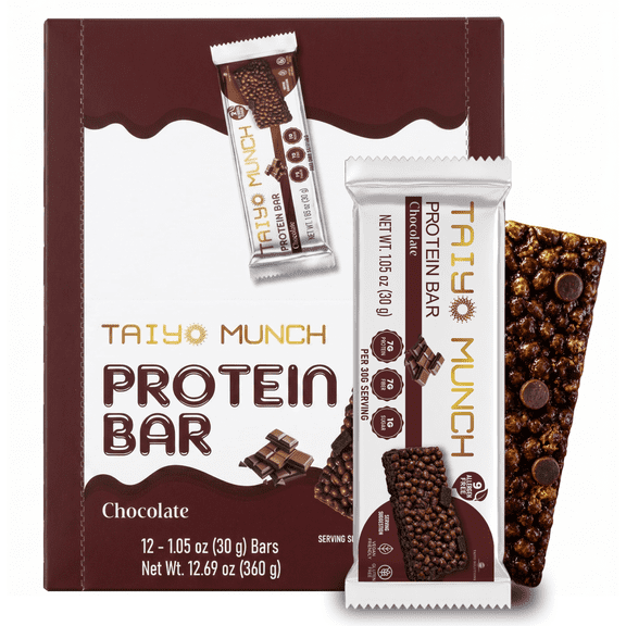 Taiyo Munch Crispy Allergen-Free Protein Bars, Chocolate, 12 Pack - Gluten-Free, Vegan, Kosher
