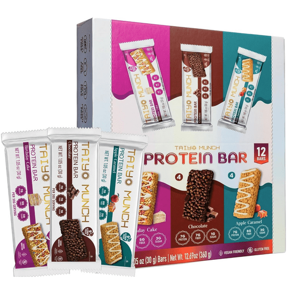Taiyo Munch Crispy Allergen-Free Protein Bars, Variety Pack (Birthday Cake, Chocolate, Apple & Salted Caramel) 12 Pack - Gluten-Free, Vegan, Kosher
