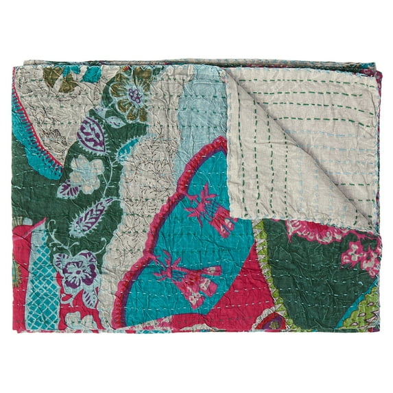 Taj Hotel Kantha Cotton Throw 50x70 Inch Handmade Vintage Indian Quilt