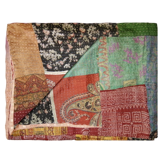 Taj Hotel Kantha Silk Throw 50x70 Handcrafted Cotton Patchwork India Decor