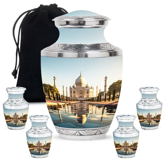Taj Mahal 7 Wonders Mini Cremation Urns For Men - Memorial Large Urn For Ashes For Women - Handmade Decorative Gifts For Funeral Combo 10Inch 200Lbs And 3Inch 4 Keepsake Urn