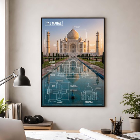 Taj Mahal Architecture Blueprint Structural Engineering Diagram Mughal Landmark Infographic Architect Office Poster , Poster Print Only