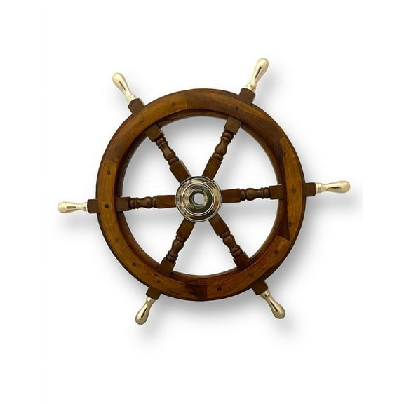 Tajdaar Handicrafts 18-Inch Wooden Ship Wheel with Brass Strip and Handles, Brown, 1 Count